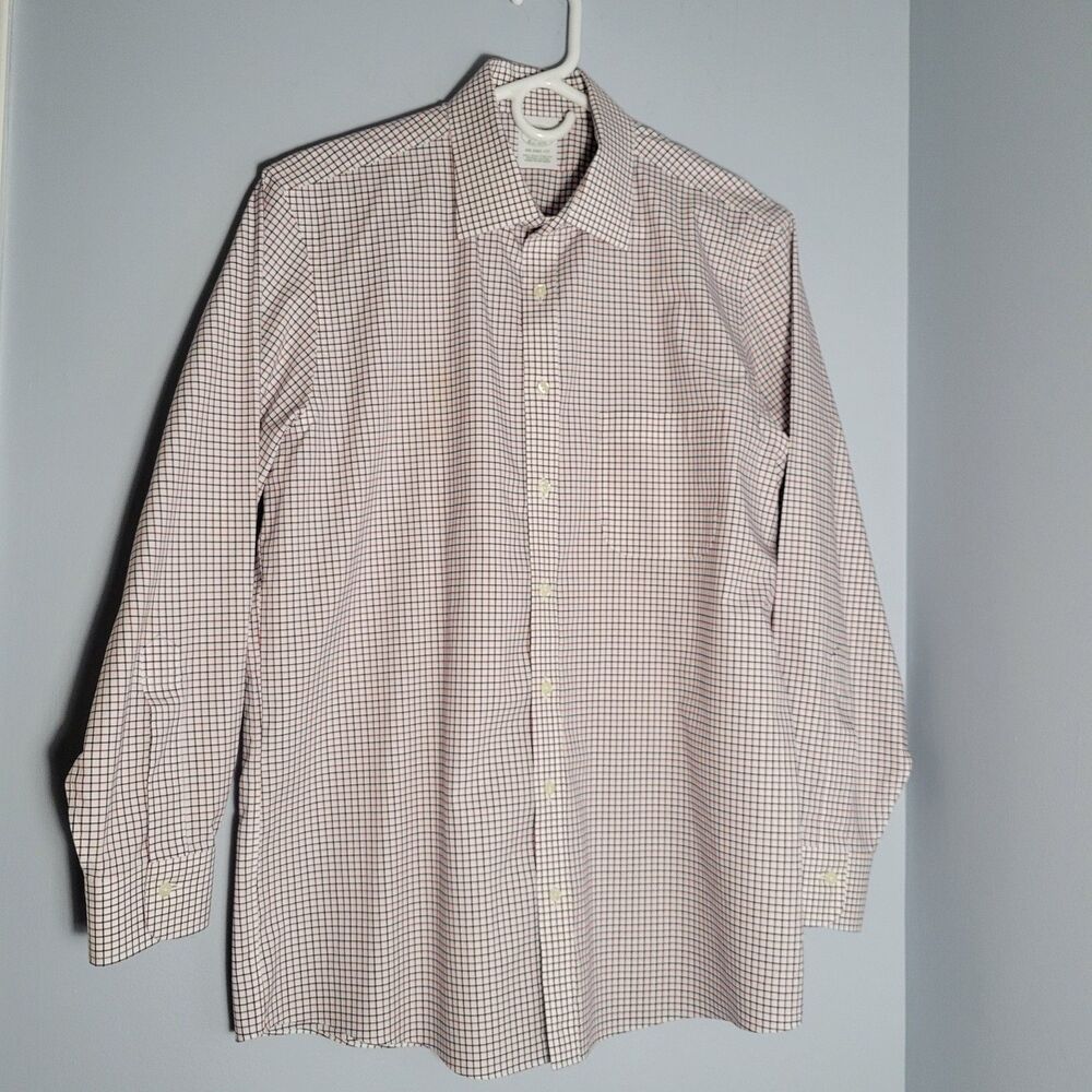 Brooks Brothers Non-Iron Mens Dress Shirt Blue Red White Check Milano Fit 16/32